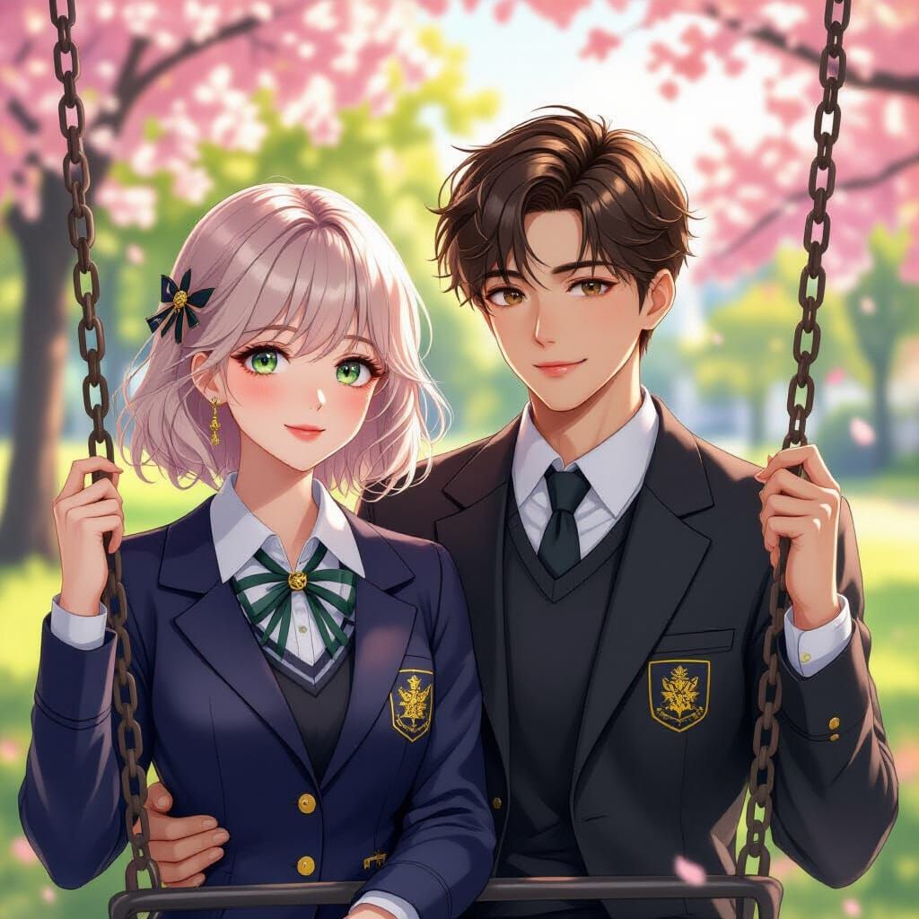 Anime Couple on a Swing in Hyperrealistic Style