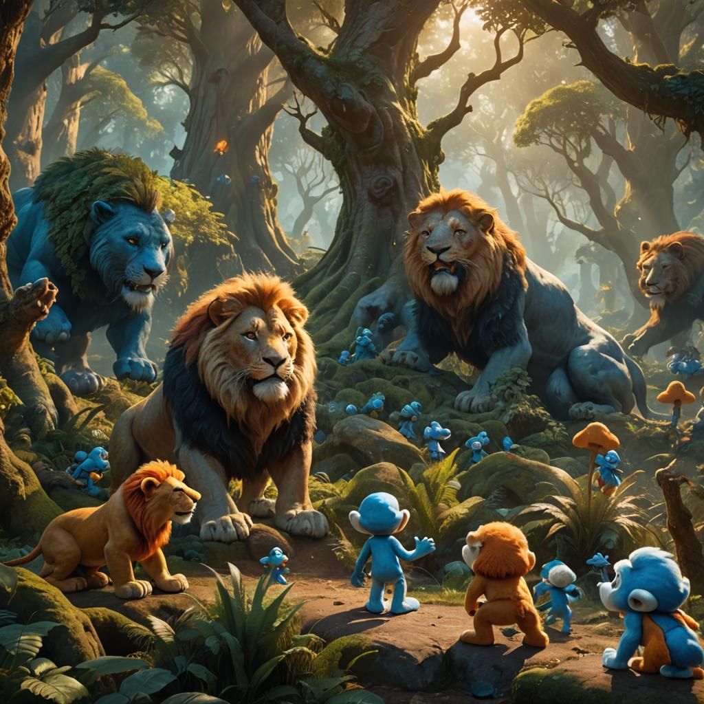 Smurfs and Lions in Mystical Forest Art