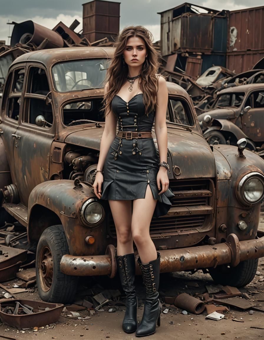 Steampunk Girl Poses in Junkyard: Photorealistic Portrait