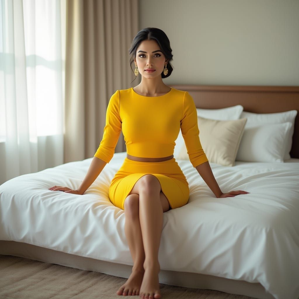 Indian Woman in Yellow Top Posing on Bed