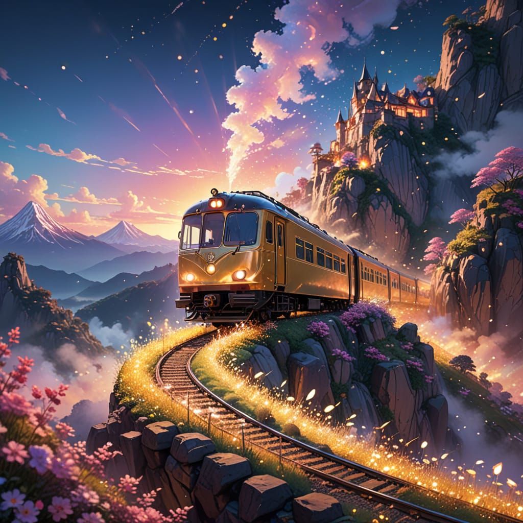 Golden Train Ascends Whimsical Sequin Path in Anime-Style