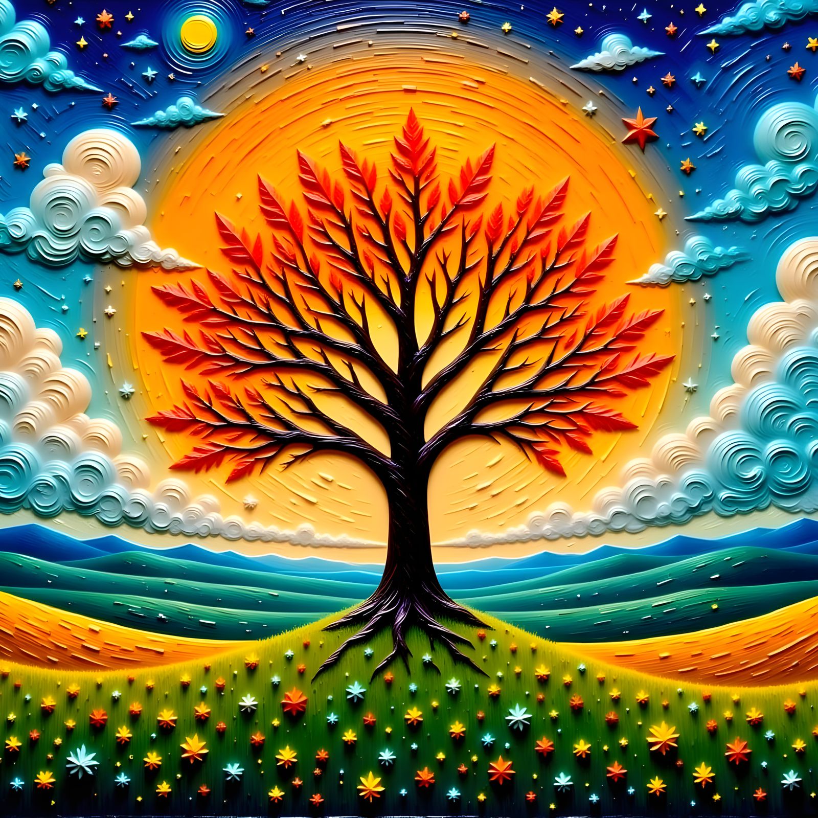 Golden Maple Tree in Whimsical Landscape