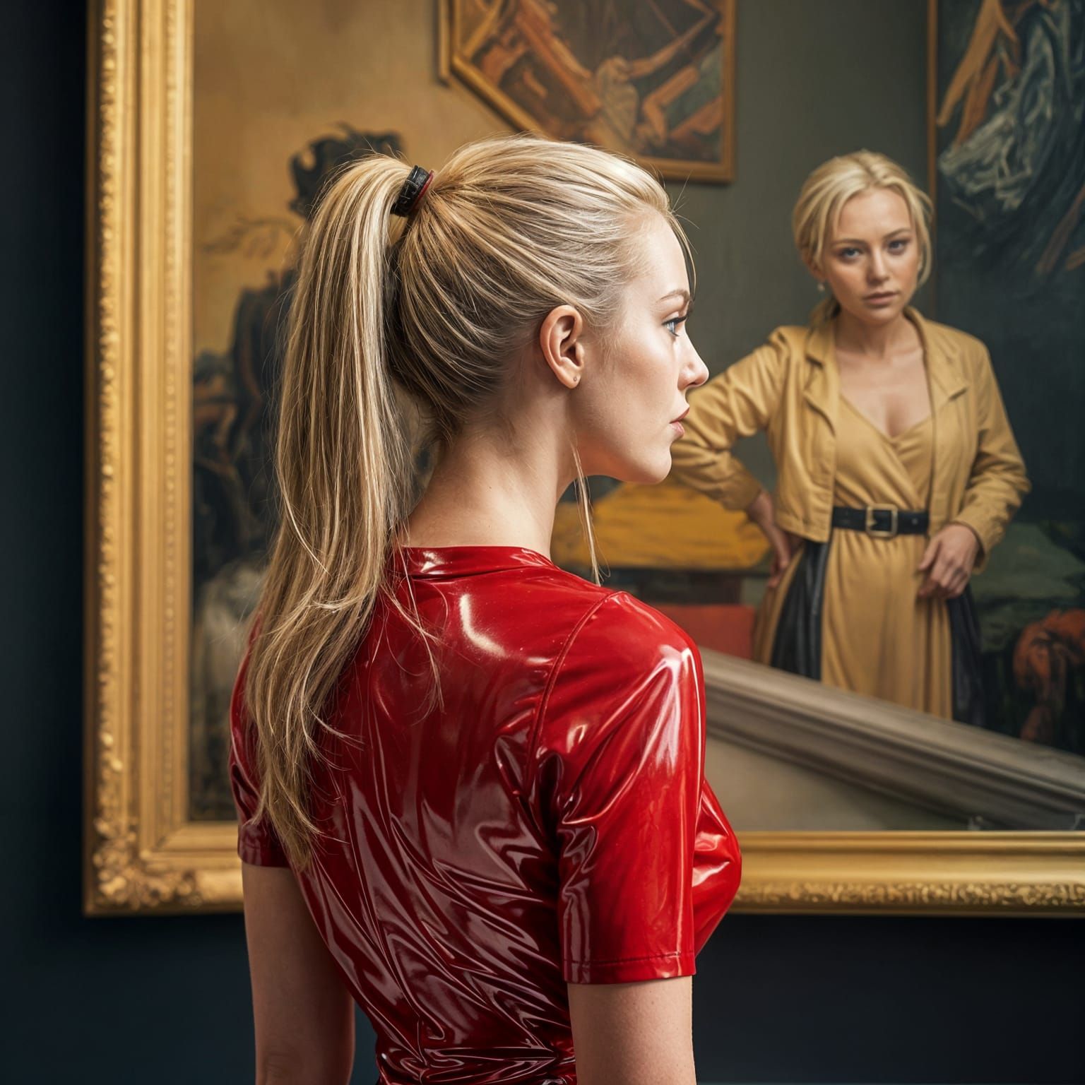 Blonde Woman in Red Dress Gazing at Mondrian Painting