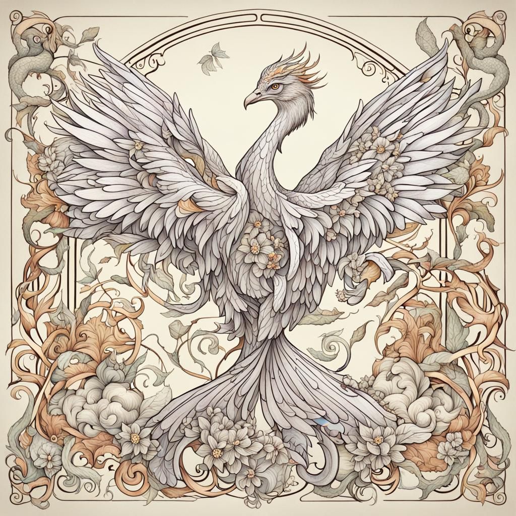 Art Nouveau Phoenix with Floral Designs