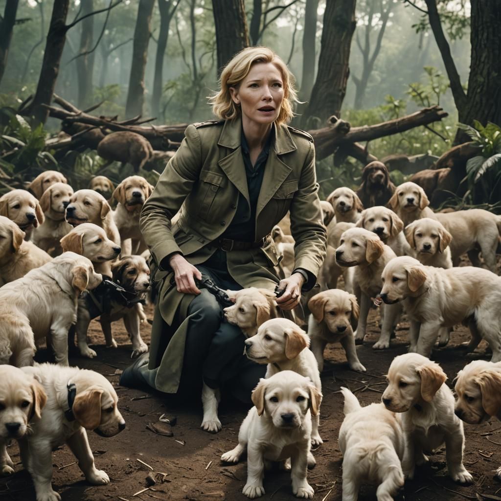 Cate Blanchett's Puppy Ambush: A Cinematic Film Still