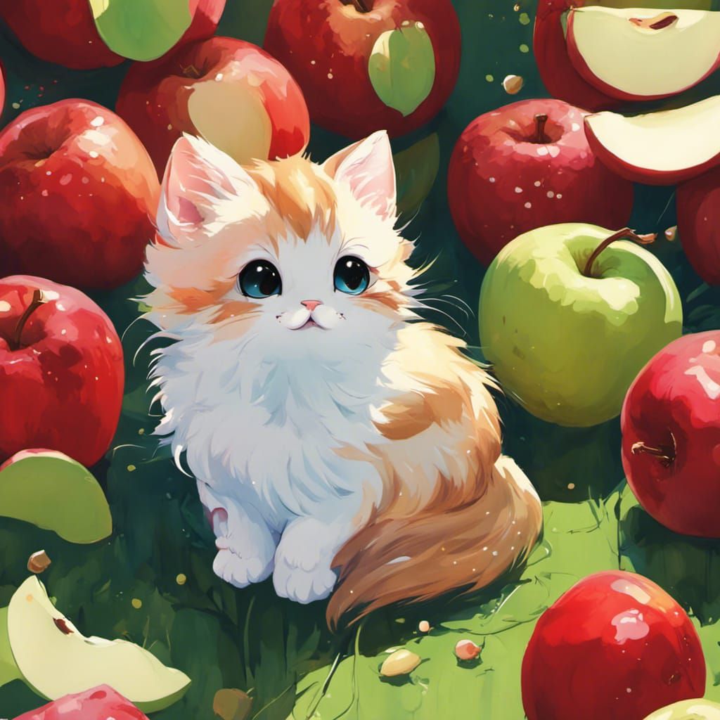 Cute Chibi Kitten with Apples in Anime Style