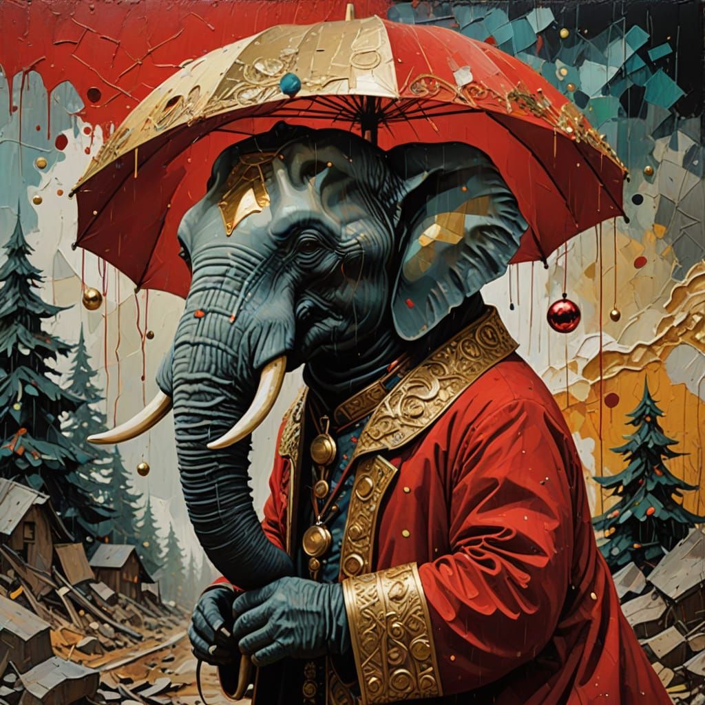 Elephant on Highwire Holds Umbrella in a Surreal Mixed Media...