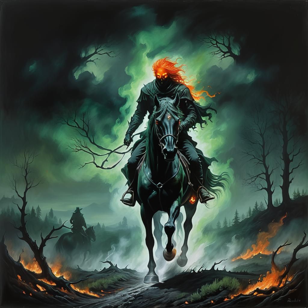 Eerie Night Rider in Wasteland, Vintage Art