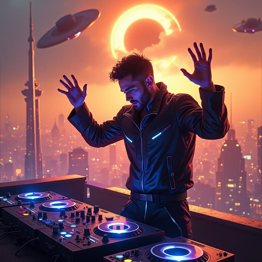 Futuristic DJ in Collapsing Cityscape, as Concept Art