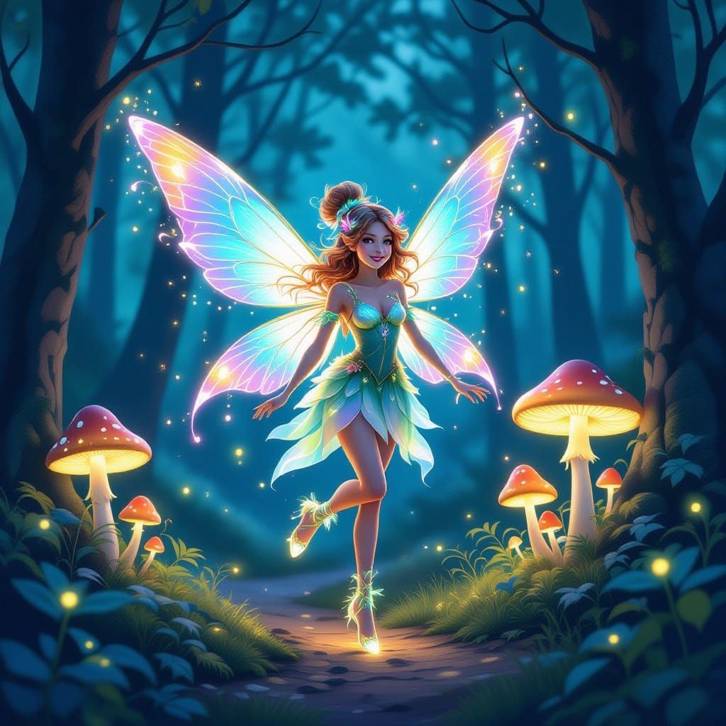 Bioluminescent Fairy in Twilight Forest Digital Painting