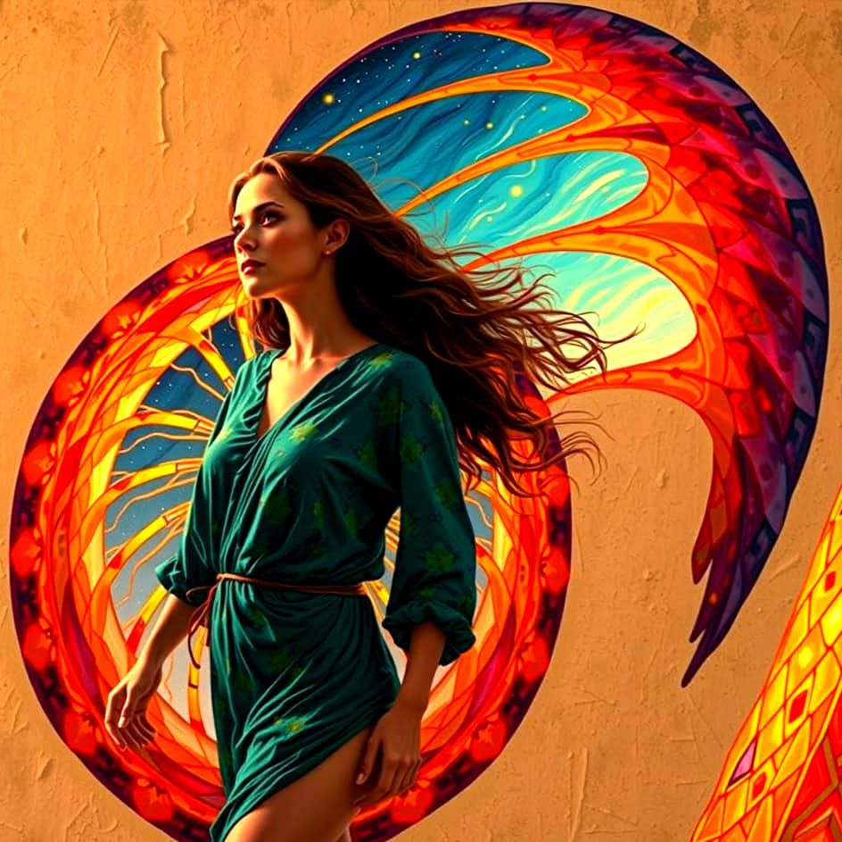 Woman Against the Cosmic Night Sky in Vibrant Oil Painting