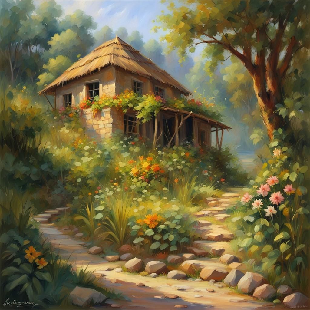 beautiful big flower tropical tree, simple straw house dirty old abandoned, river stream, bushes, grass and vine flowers...