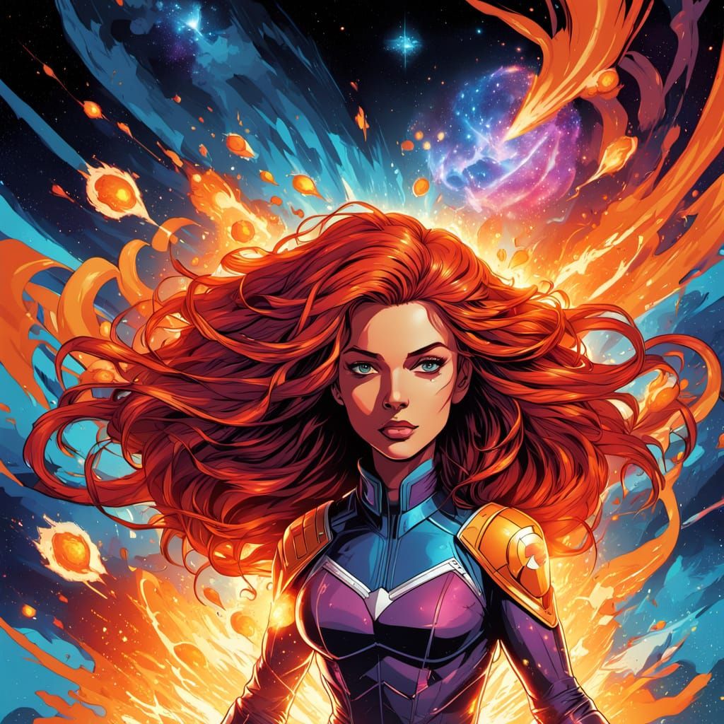Starfire Breathes Cosmic Fire in Retro Comic Style