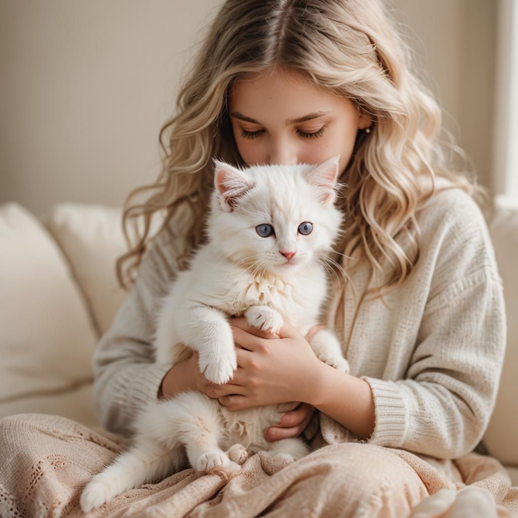 Adorable Kitten Portrait with Girl in Pastel Colors