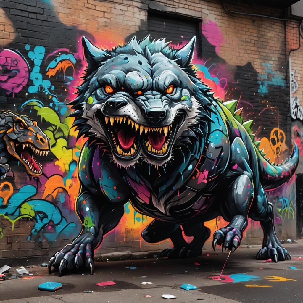 Wolf Riding Dinosaur in Graffiti Art
