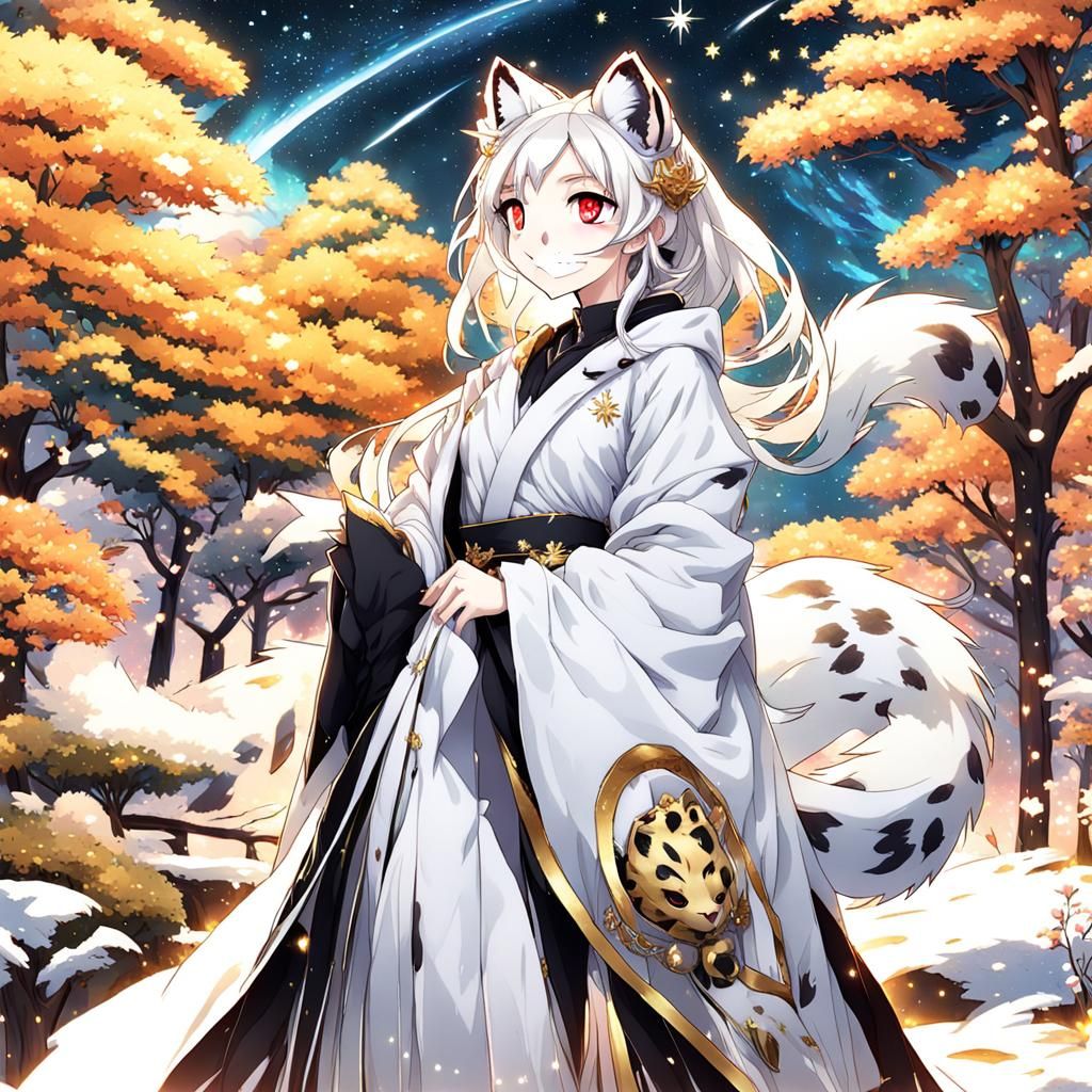 Anime Girl with Snow Leopard Features in Cherry Garden