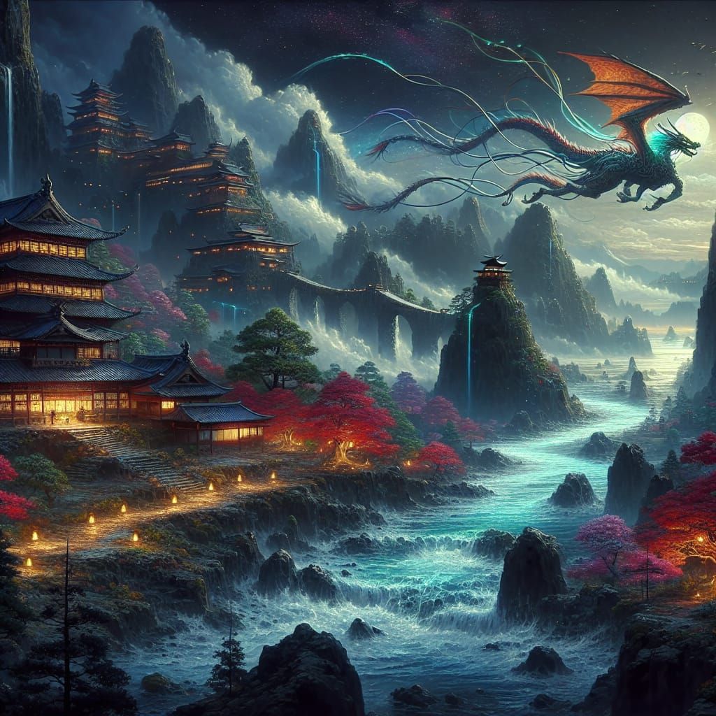 Fantastical Japanese Dragon Landscape at Night