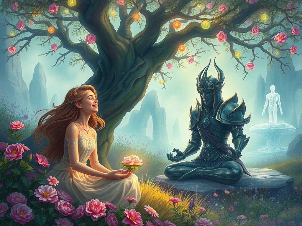 Ethereal Fantasy Landscape with Blooming Flowers and Eerie B...