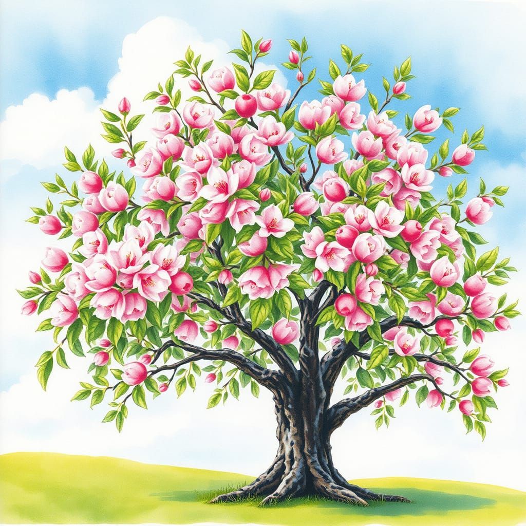 Majestic Watercolor Apple Tree in Whimsical Bloom