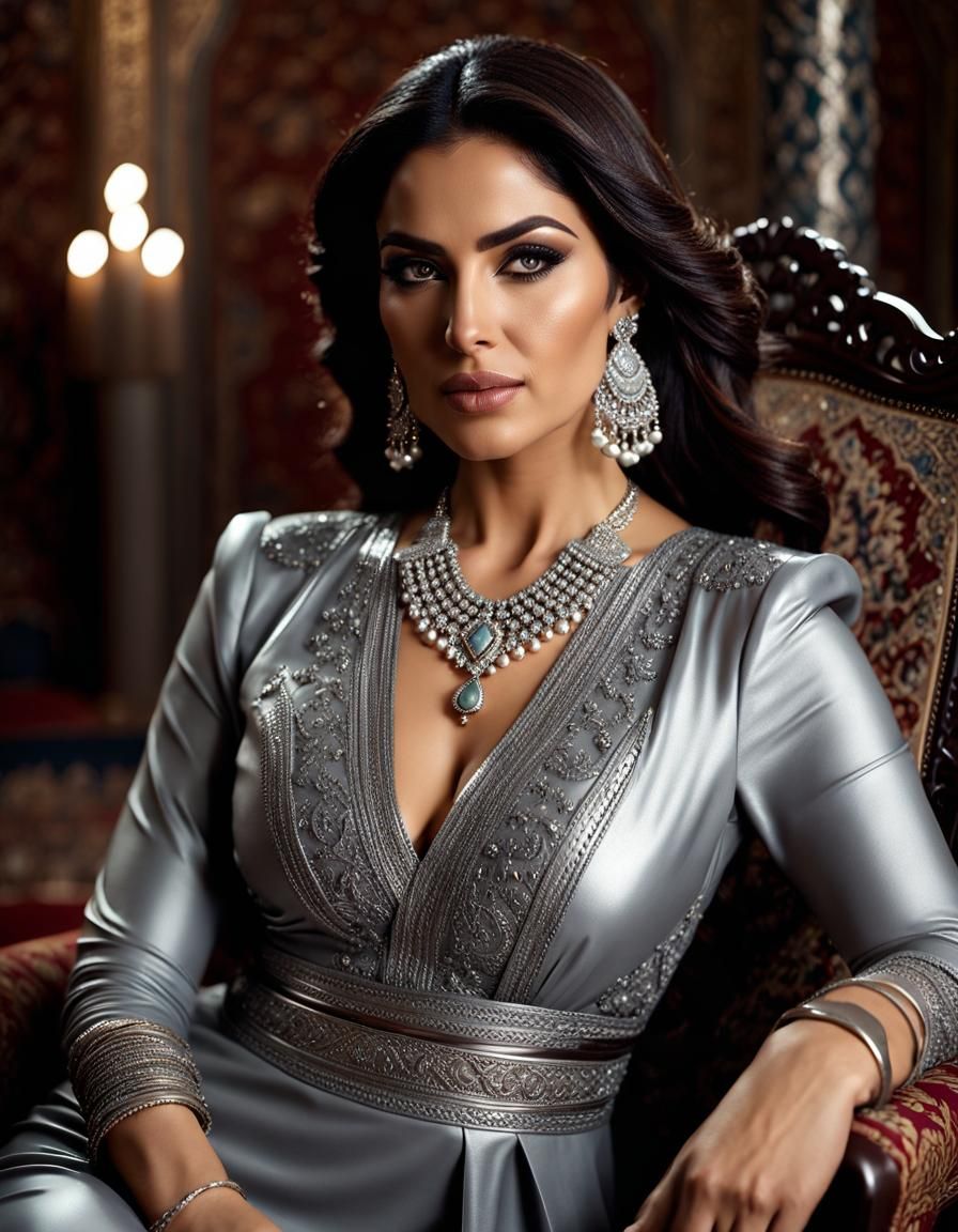 Elegant Middle Eastern Woman in Shining Silver Dress