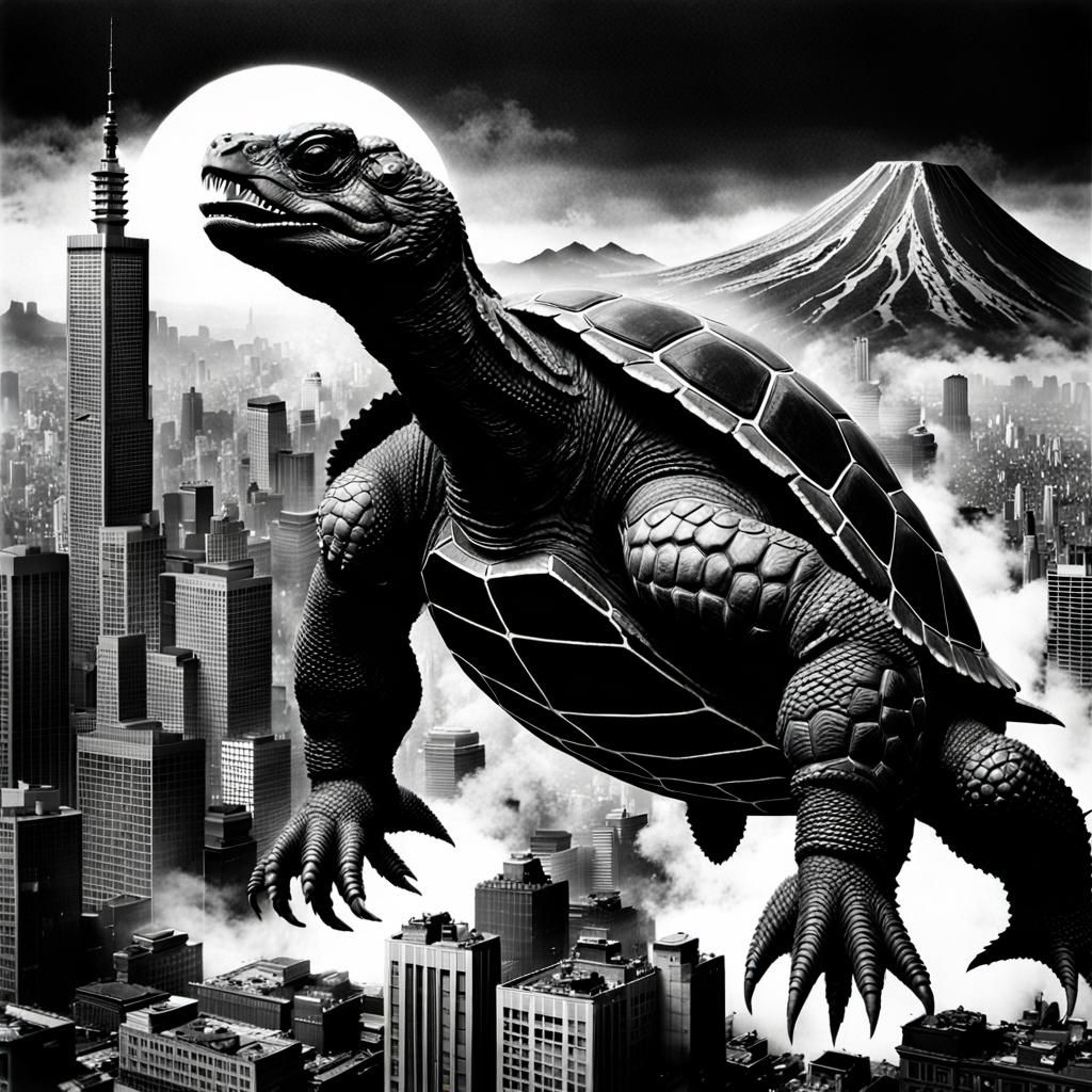 Kaiju Turtle Gamera Attacks City: 1960s Film Style