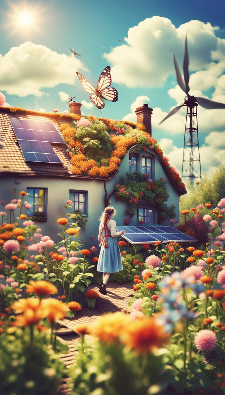 Vibrant Fairy Tends Rooftop Garden in Whimsical Springtime V...