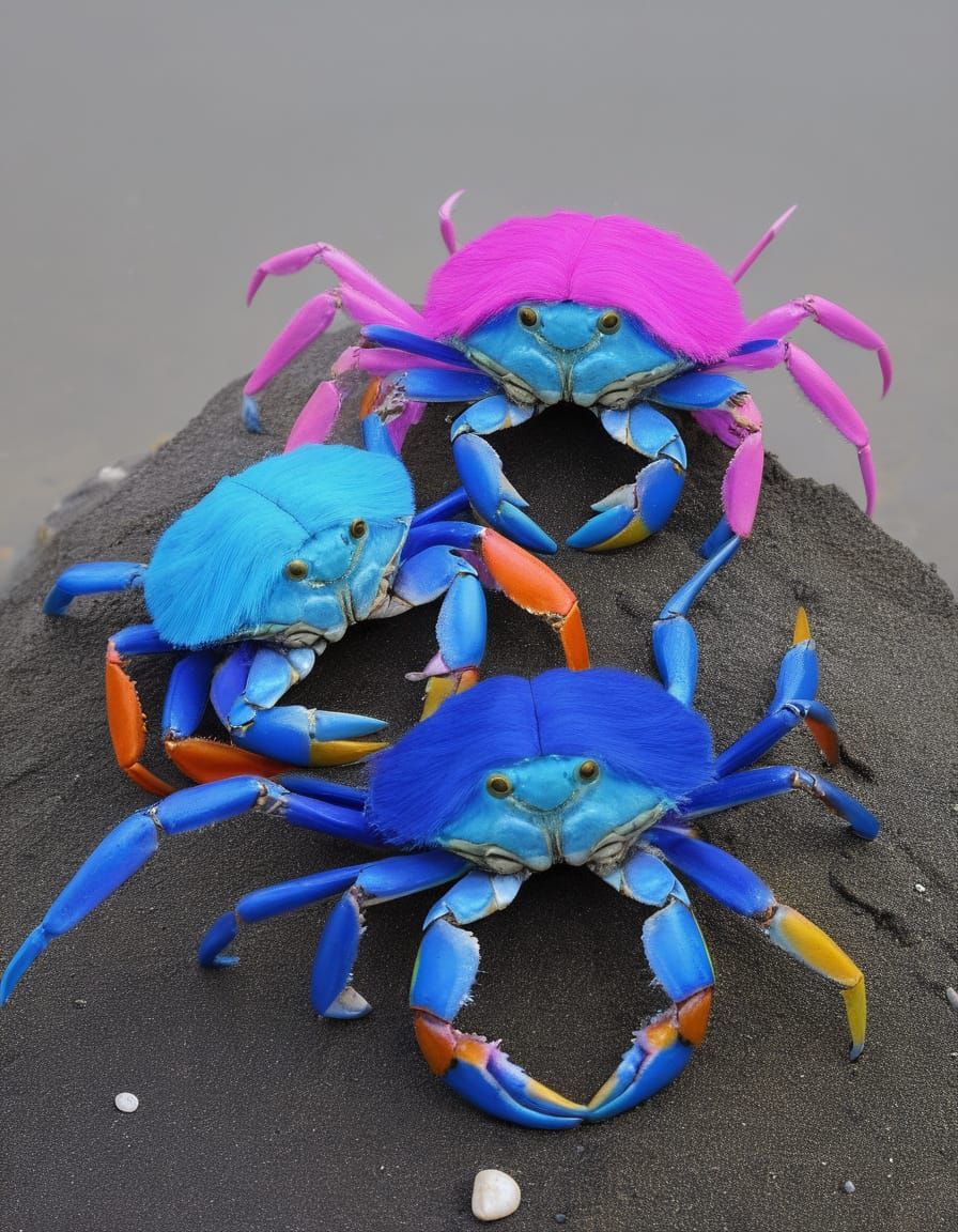 Crabs Wearing Neon Wigs on Shells
