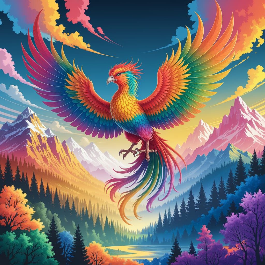 Rainbow Phoenix Soaring Over Majestic Landscape