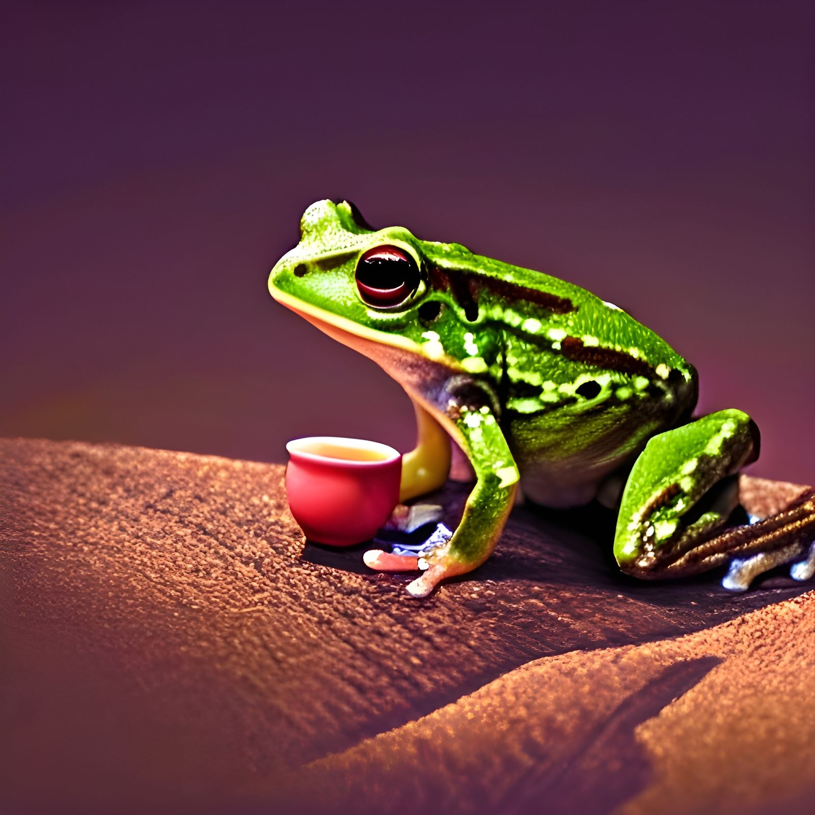 Cute Baby Frog Drinks Tea at Night