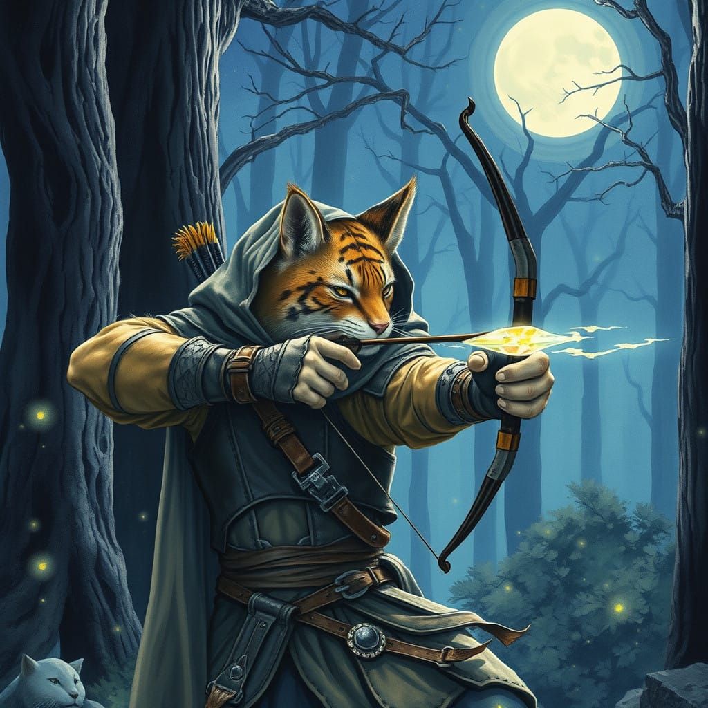 Ethereal Tabaxi Archer in Moonlit Forest