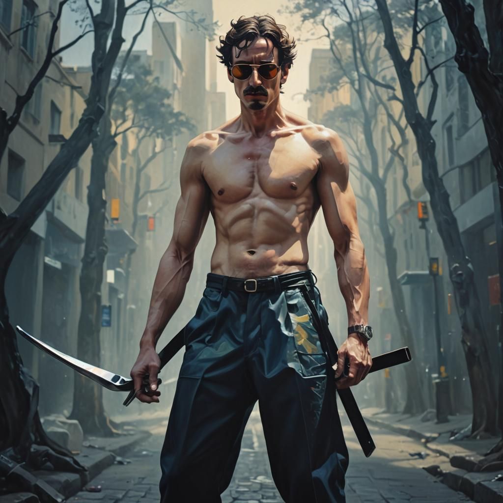 City Street Scene in Surrealist Oil Painting Style