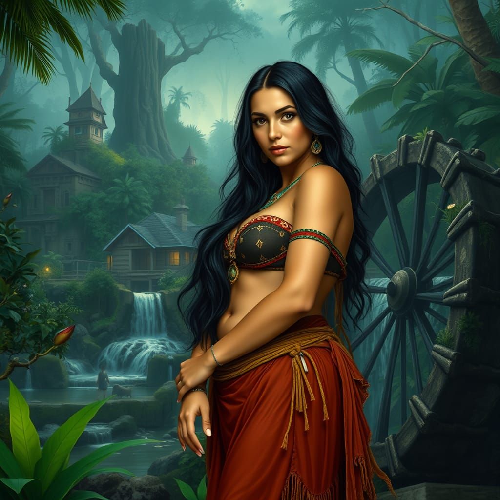 Exotic Tribal Goddess Amidst Ancient Ruins and Tropical Jung...