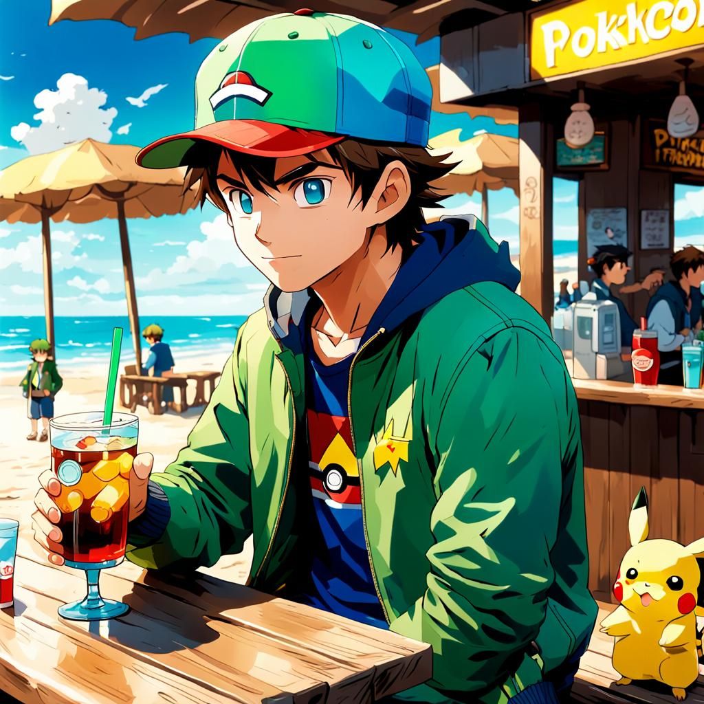 Pokémon Trainer at Beach Bar in Anime Style