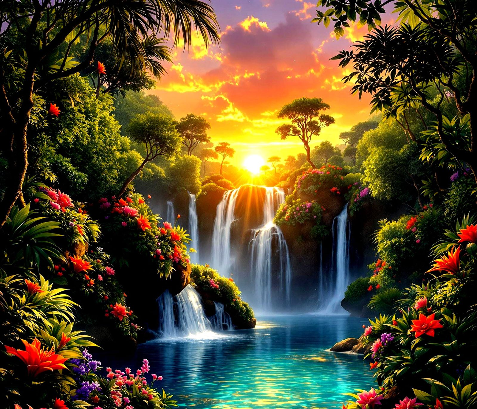 Lush Tropical Lagoon at Sunset