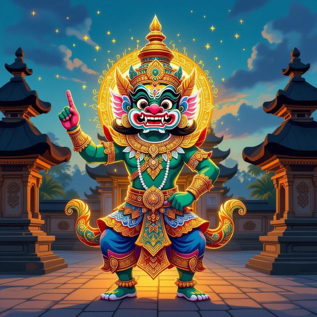 Vibrant Balinese Barong Idol Illustration in Traditional Art...