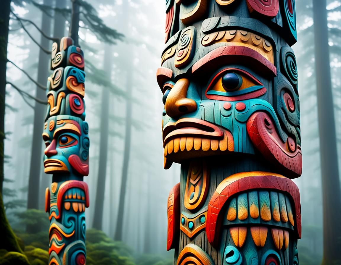 Vibrant Hyper-Realistic Totem Pole Amidst Misty Forest