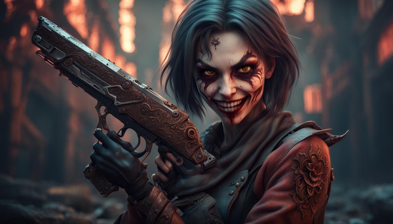 Evil Girl with Knife and Gun: Detailed Matte Painting
