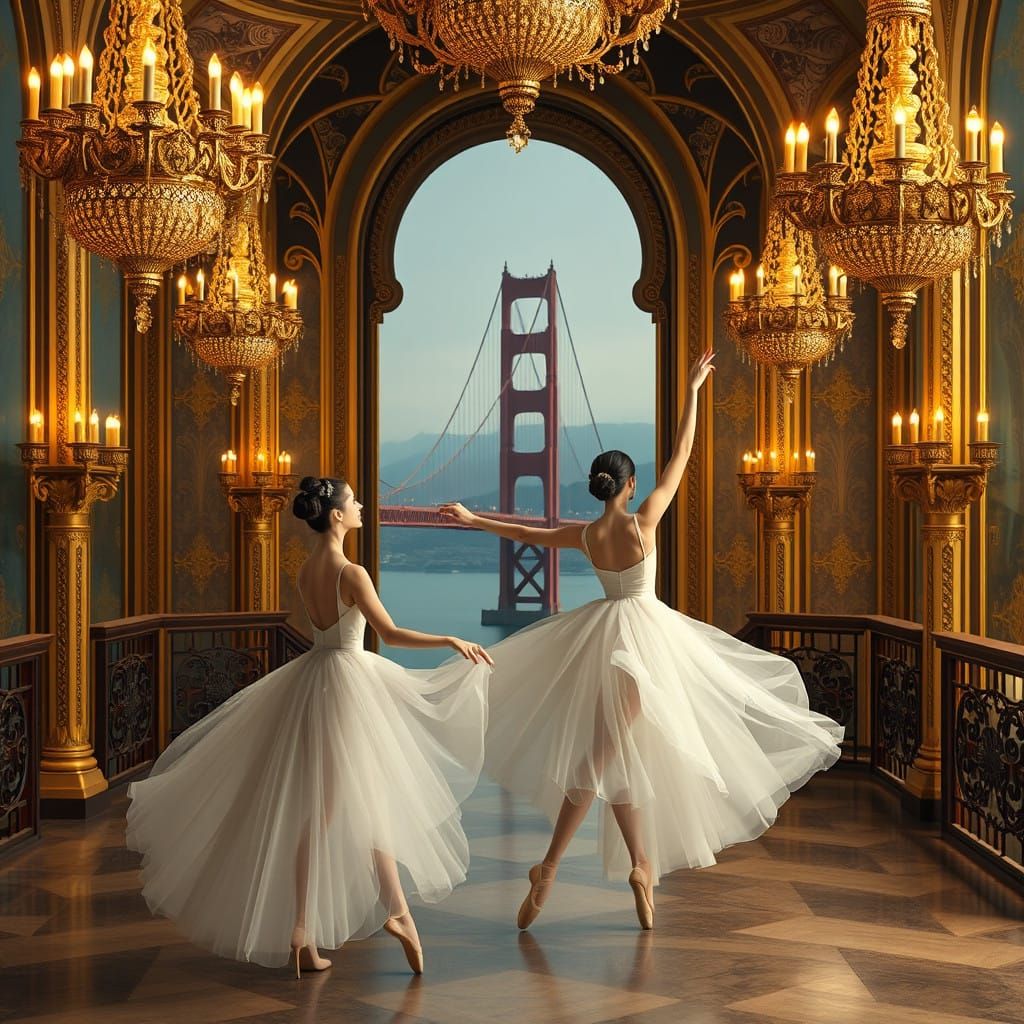 Elegant Ballerinas in Golden Palace on Golden Gate Bridge