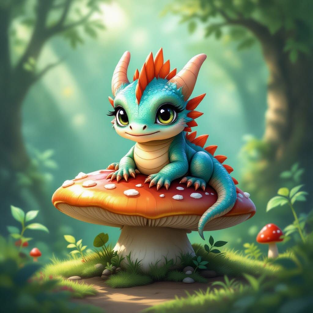 Iridescent Baby Dragon on Giant Mushroom in Enchanted Forest