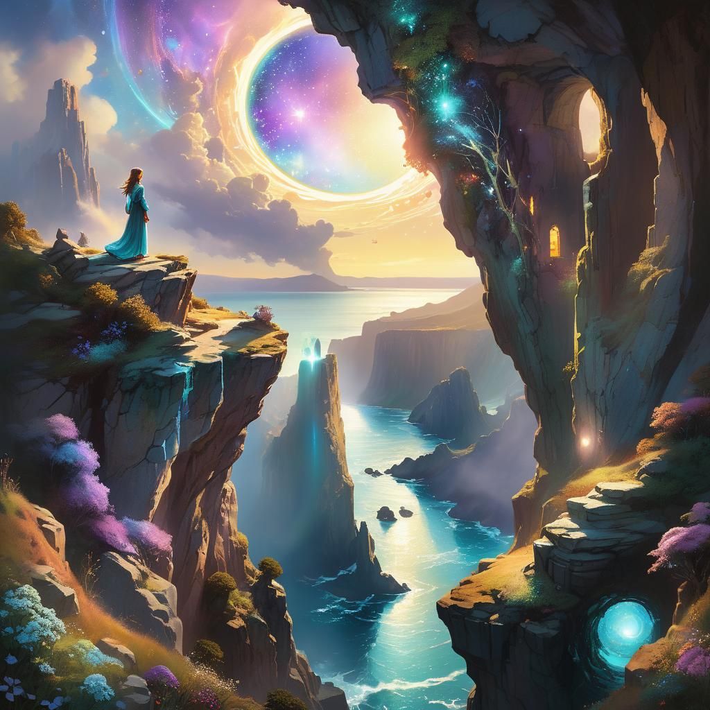Surreal Fantasy Landscape with Iridescent Portal