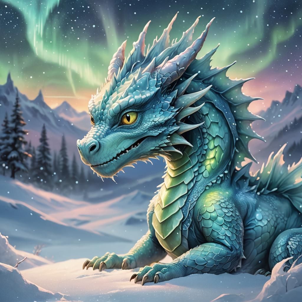 Baby Blue Dragon Watching Northern Lights in Pastel Digital ...