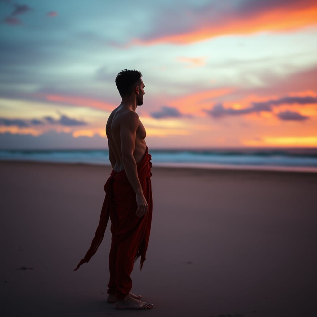 Nude Man on Deserted Beach at Sunset: Cinematic