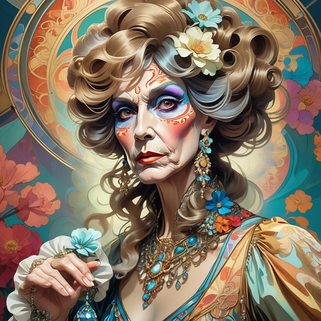 Ornate Portrait of Elderly Crossdresser in Art Nouveau Style