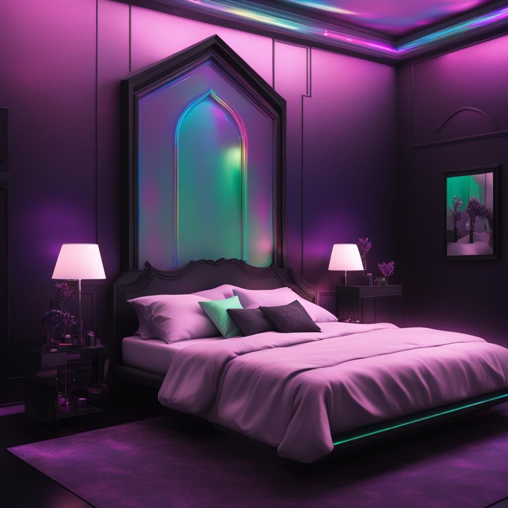 Beautiful multi chromatic gothic bedroom with holographic ma...