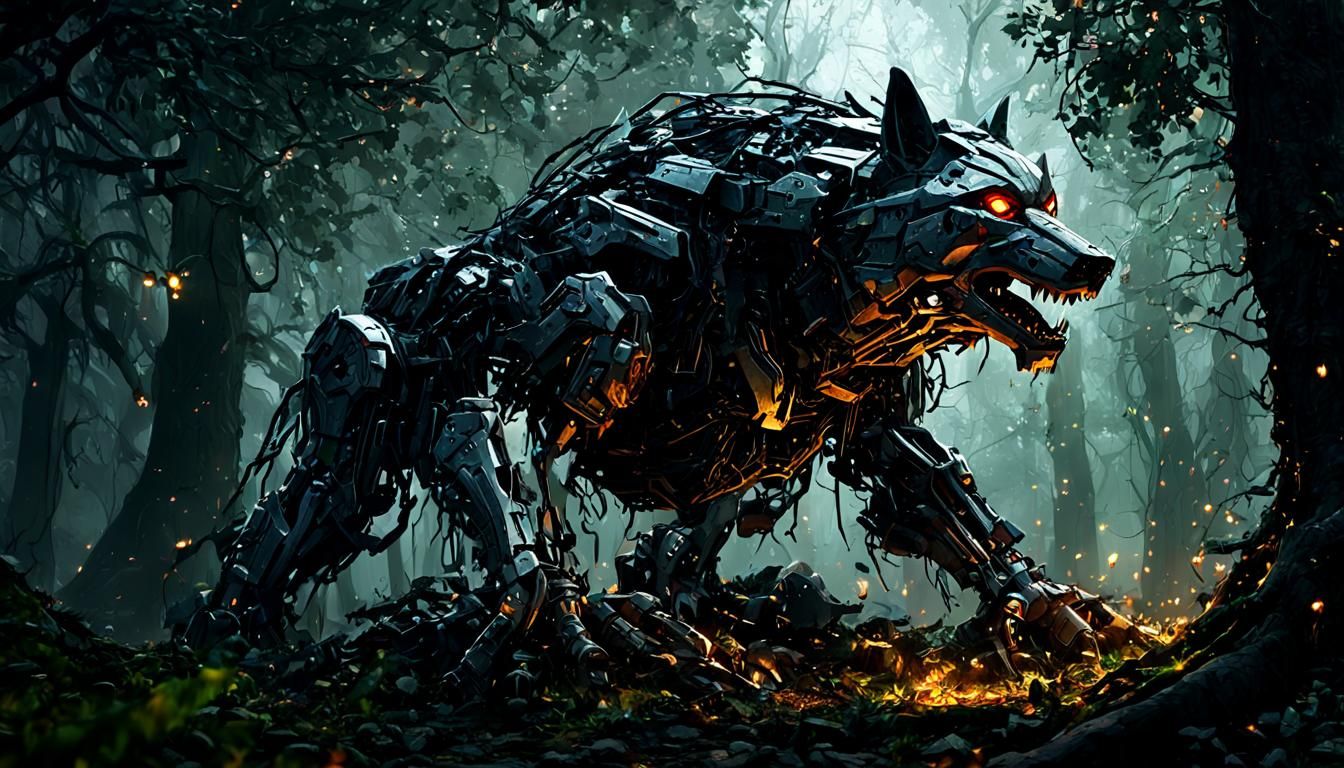 Ruined Wolf Mecha in Misty Forest, Dark Fantasy Art