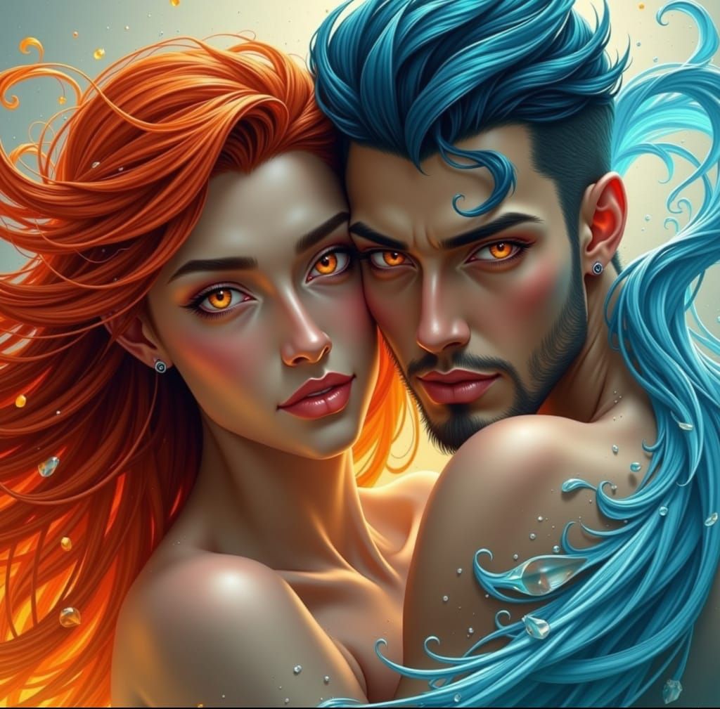 Fire and Water Spirits Embrace in Steamy Love