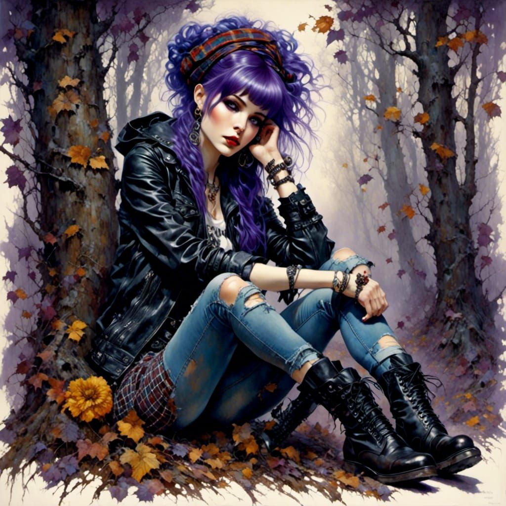 Grunge Rocker Girl Portrait in Oil Painting Style