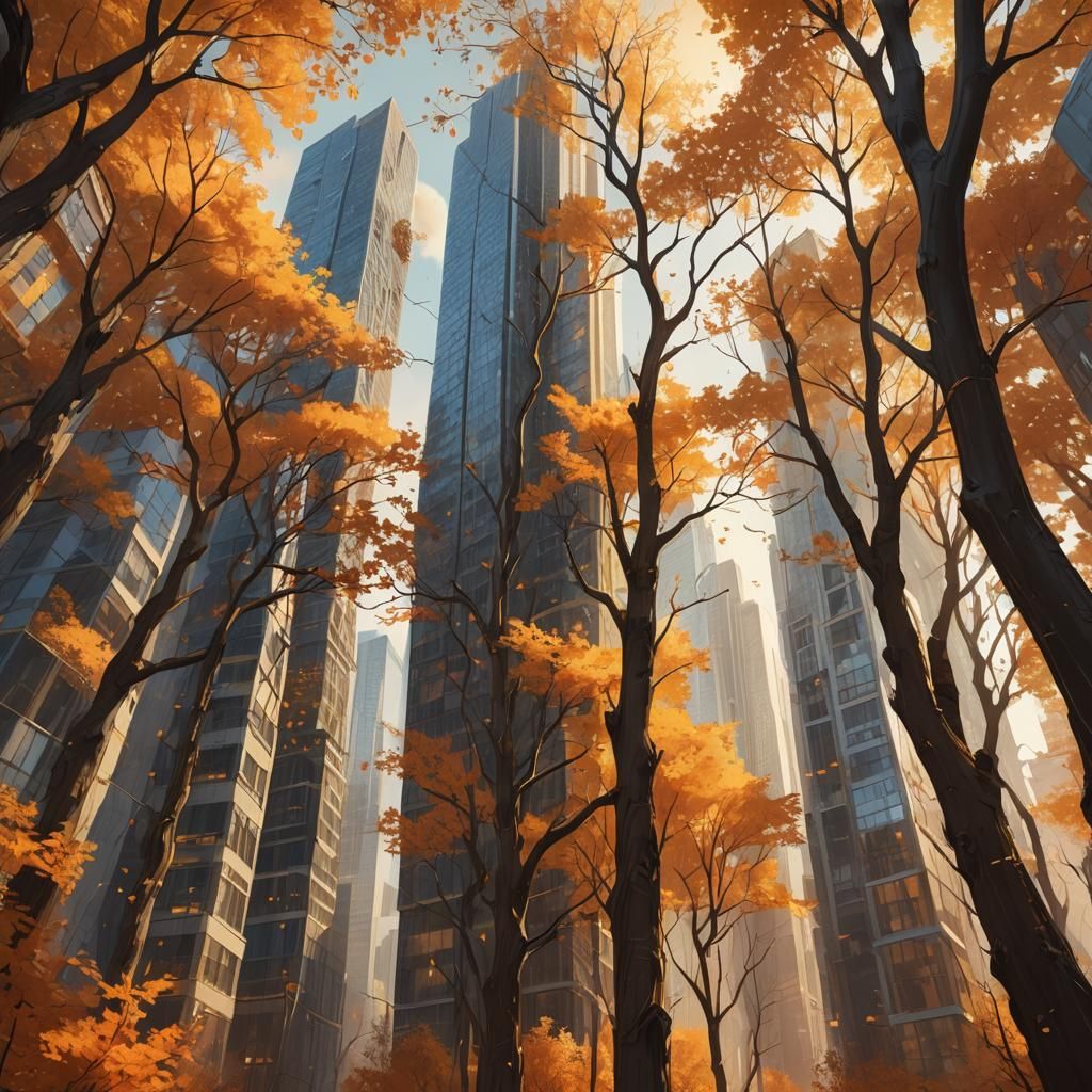 Skyscrapers in Autumn Forest: Vibrant Digital Art