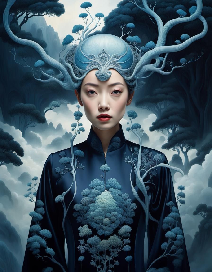 Surreal Fantasy Realm with Asian Woman