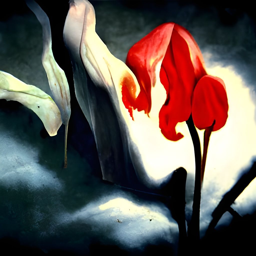 Glowing Red Flowers in Abandoned Cemetery